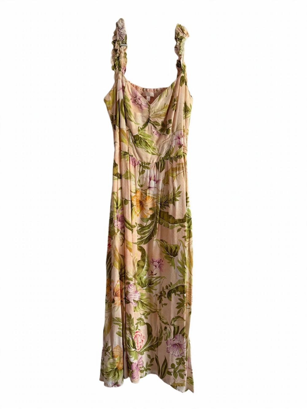 Guess by Marciano Pink Floral Maxi Dress with Green Leaf Print